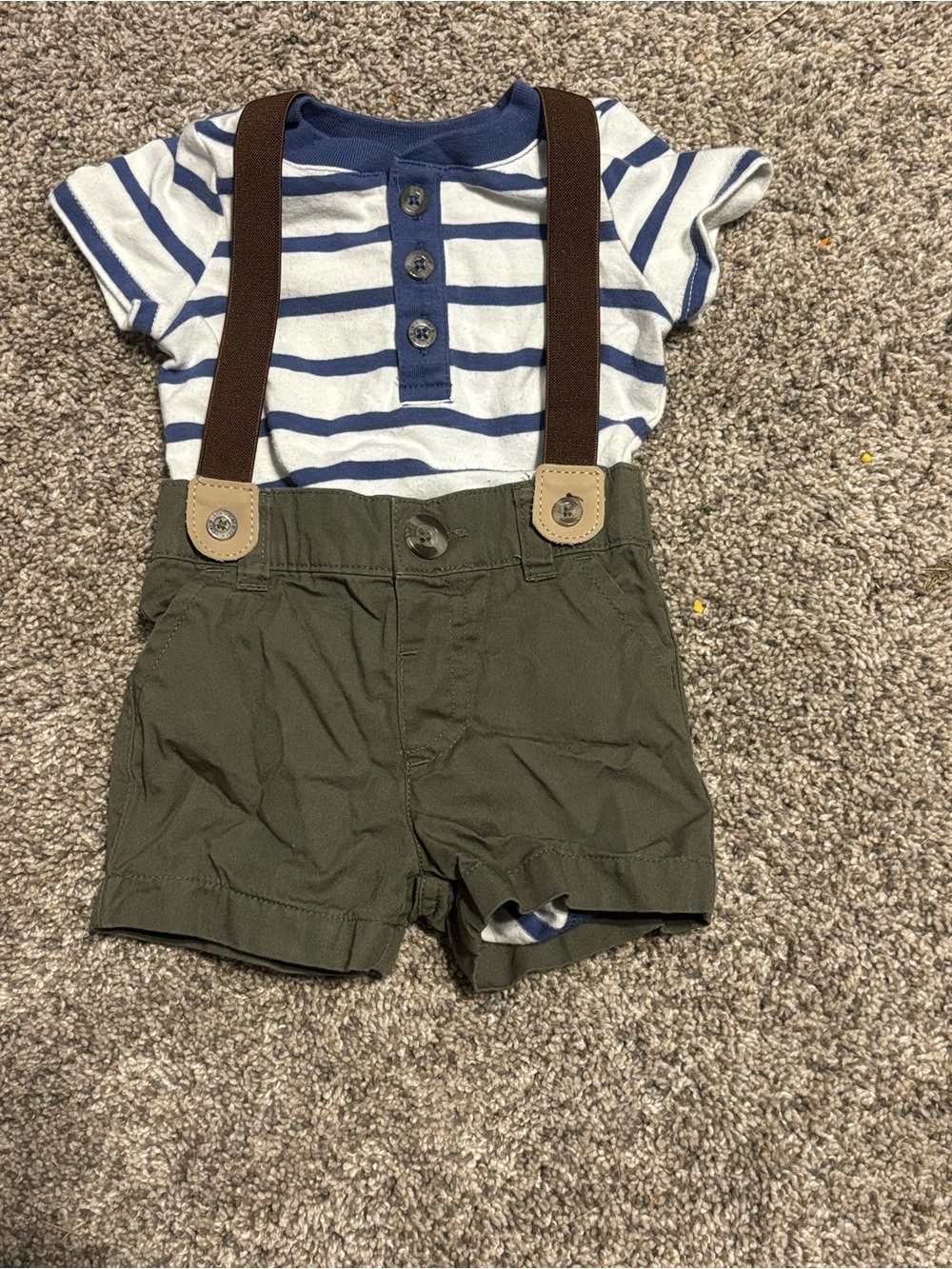 Striped Navy & White Kids Shirt with Olive Green Suspender Shorts